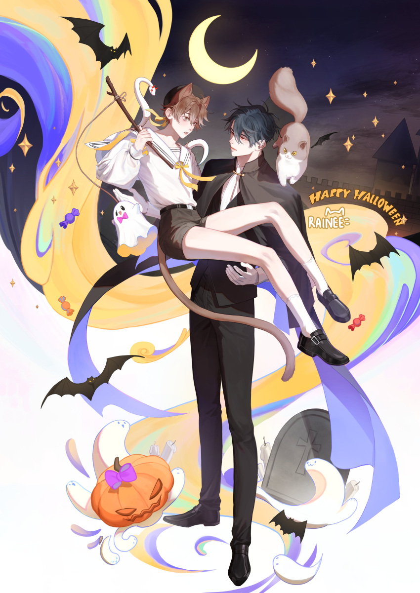 2boys :3 absurdres animal_ears artist_name bat_(animal) bat_wings belt beret black_belt black_cape black_footwear black_hair black_headwear black_pants black_shorts black_vest brown_eyes brown_hair bun-kun_(dentart) candle candy cape castle cat cat_boy cat_ears cat_tail closed_mouth commentary_request crescent_moon dentart english_commentary floating food frilled_sleeves frills full_body gloves hair_between_eyes halloween hand_up happy_halloween hat highres holding holding_stick jack-o'-lantern kate_tran long_sleeves looking_at_another male_focus mixed-language_commentary moon multiple_boys neck_ribbon necktie night night_sky pants parted_bangs parted_lips puffy_long_sleeves puffy_sleeves pumpkin raineemeow randy_andersen ribbon sailor_collar sailor_shirt shirt shoes short_hair short_shorts shorts sky snake socks standing star_(symbol) stick swept_bangs tail thai_commentary tofu_(dentart) tombstone vest white_gloves white_necktie white_sailor_collar white_shirt white_socks wings yellow_ribbon