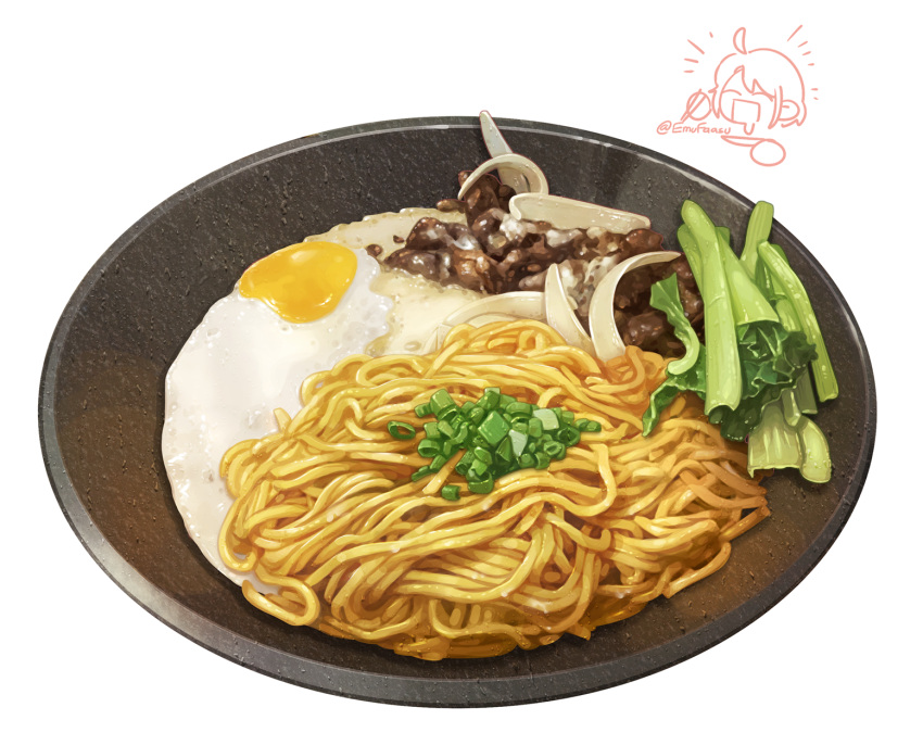 bowl commentary egg_(food) emufaasu food food_focus fried_egg highres meat no_humans noodles original realistic signature simple_background spring_onion still_life white_background