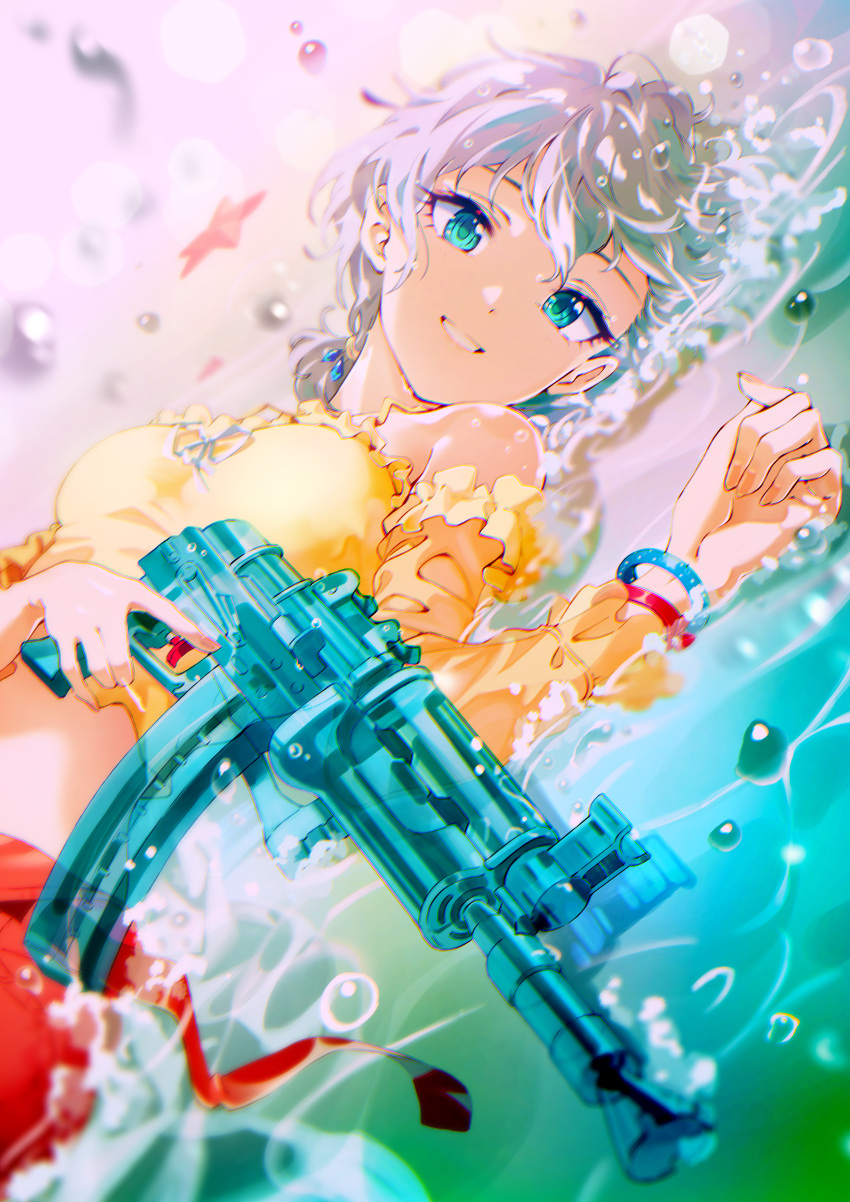 1girl absurdres air_bubble anastasia_(idolmaster) bare_shoulders bikini blue_eyes bracelet breasts bubble crop_top curled_fingers detached_sleeves fingernails frilled_tankini hair_between_eyes highres holding holding_water_gun idolmaster idolmaster_cinderella_girls jewelry long_sleeves looking_at_viewer lying medium_breasts motoki_(hisano_motoki) on_side open_mouth ponytail short_hair short_ponytail smile solo starfish swimsuit tankini water water_gun white_hair