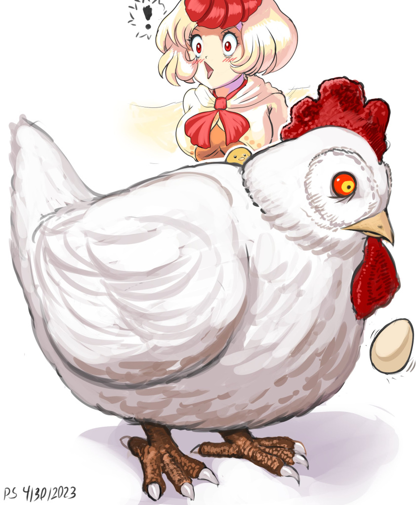! 1girl absurdres bird blonde_hair breasts chicken commentary dated egg english_commentary highres multicolored_hair niwatari_kutaka niwatari_kutaka_(chicken) open_mouth profitshame red_eyes redhead short_hair signature simple_background spoken_exclamation_mark touhou two-tone_hair white_background wings