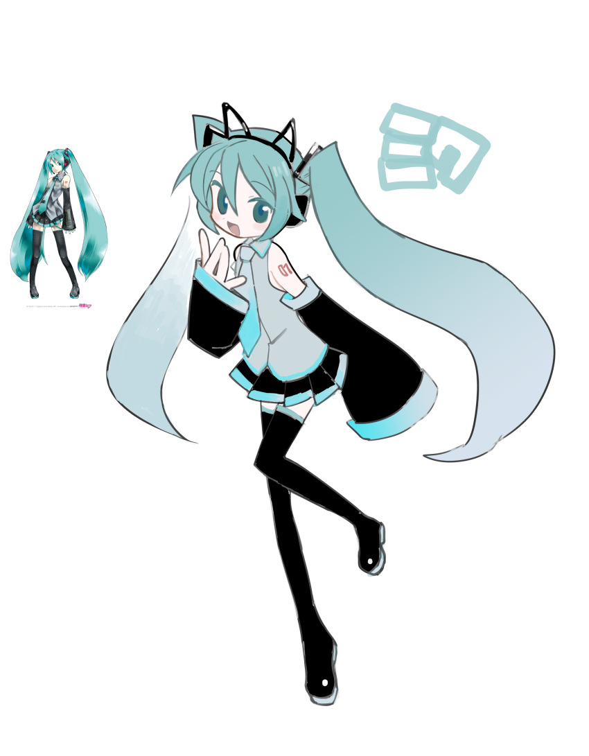 1girl \||/ absurdres animal_ear_headphones animal_ears black_footwear black_skirt blue_eyes blue_hair blue_necktie boots cat_ear_headphones character_name collared_shirt detached_sleeves fake_animal_ears full_body grey_shirt hair_ornament hand_to_own_mouth hand_up hatsune_miku headphones highres kokaki_mumose long_hair looking_at_viewer miniskirt necktie number_tattoo official_art_inset open_mouth pleated_skirt reference_inset shirt skirt sleeveless sleeveless_shirt sleeves_past_wrists smile solo standing standing_on_one_leg tattoo thigh_boots translation_request twintails very_long_hair vocaloid vocaloid_boxart_pose white_background wide_sleeves