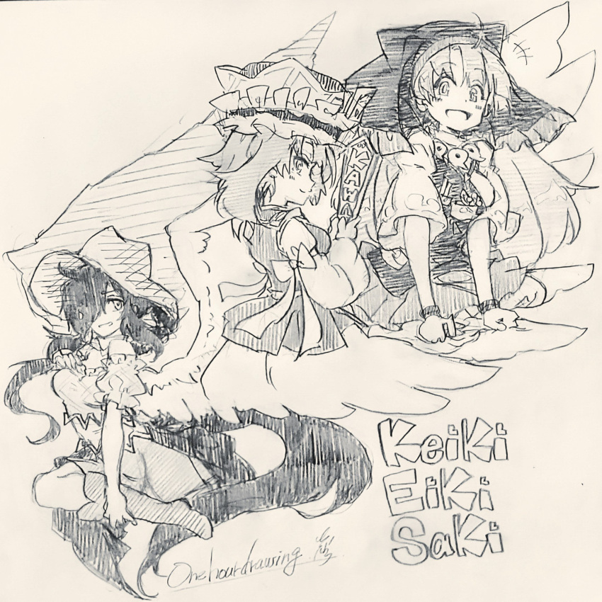 3girls :d boots carbohydrate_(asta4282) character_name closed_mouth commentary_request cowboy_hat english_text frilled_hat frills greyscale hair_over_one_eye haniyasushin_keiki hat head_scarf highres jewelry kurokoma_saki long_sleeves magatama magatama_necklace medium_hair monochrome multiple_girls necklace one-hour_drawing_challenge open_mouth shiki_eiki short_sleeves simple_background sketch smile tail touhou traditional_media vest