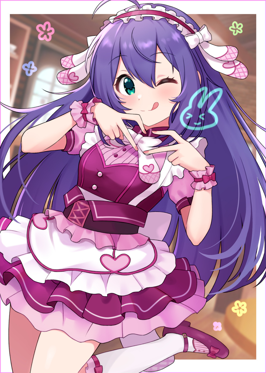 1girl absurdres ahoge blush bow bowtie breasts ceiling cowboy_shot dot_nose dress dress_bow finger_heart frilled_dress frills green_eyes grid_background hair_between_eyes hair_ribbon headdress highres idolmaster idolmaster_million_live! idolmaster_million_live!_theater_days indoors kneehighs layered_dress long_hair looking_at_viewer mary_janes mochizuki_anna one_eye_closed puffy_short_sleeves puffy_sleeves purple_dress purple_hair rabbit ribbon scrunchie shoes short_sleeves small_breasts smile socks solo standing standing_on_one_leg table tongue tongue_out white_bow white_bowtie white_ribbon white_socks whitetiger_0126 window