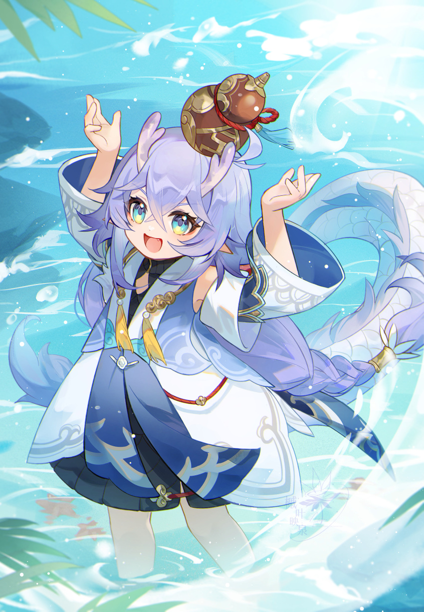 1girl :d absurdres autumnlll bailu_(honkai:_star_rail) blue_eyes blue_hair braid braided_ponytail crossed_bangs dragon_girl dragon_horns dragon_tail dress fang fur-tipped_tail highres honkai:_star_rail honkai_(series) horns lake leaf long_hair long_sleeves maple_leaf object_on_head open_mouth partially_submerged pointy_ears sidelocks smile solo tail white_dress wide_sleeves