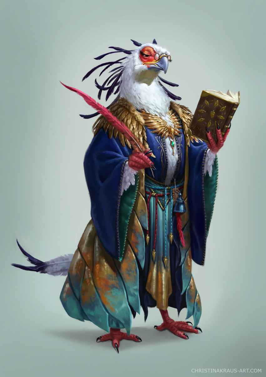 artist_name beak bird book brooch closed_eyes ebenherzart english_commentary feather_trim full_body furry highres holding holding_book humblewood jewelry official_art pince-nez quill robe simple_background standing talons wide_sleeves