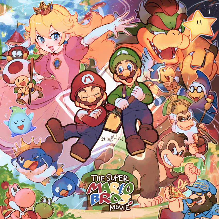 1girl 6+boys absurdres apple blonde_hair blue_eyes bowser bracelet breasts brown_hair cape character_request copyright_name crown donkey_kong dress earrings facial_hair food fruit gloves hanaon happy hat highres holding horns jewelry kamek king_penguin_(mario) koopa_troopa long_hair looking_at_viewer luigi mario multiple_boys mustache necktie open_mouth ponytail princess_peach princess_peach's_castle red_cape redhead sharp_teeth short_hair smile spiked_bracelet spikes starman_(mario) super_mario_bros. teeth the_super_mario_bros._movie toad_(mario) white_gloves