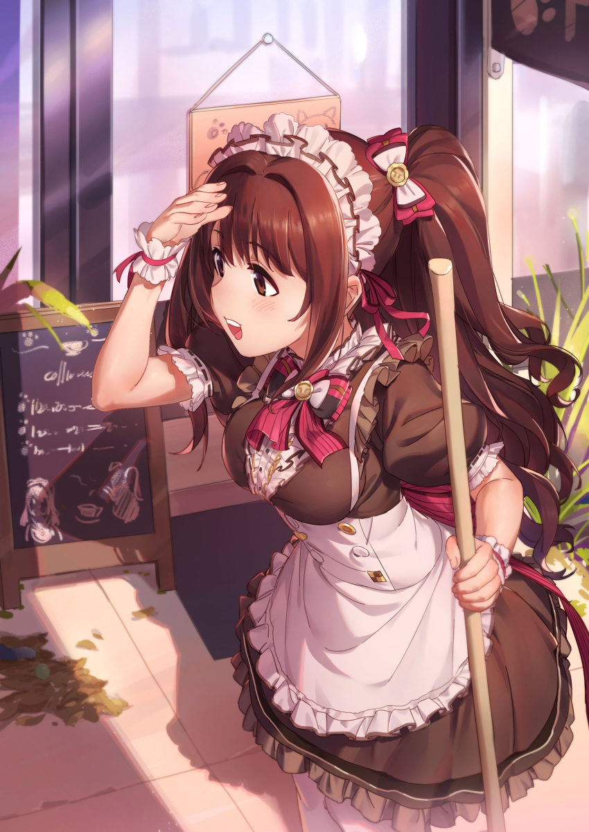 1girl absurdres apron back_bow black_dress blush bow bowtie breasts broom brown_eyes brown_hair cowboy_shot dress frilled_apron frilled_dress frilled_sleeves frills hair_bow hair_ribbon highres holding holding_broom idolmaster idolmaster_cinderella_girls leaf long_hair maid maid_apron maid_headdress medium_breasts one_side_up open_mouth outdoors pantyhose pg_(pgouwoderen) ribbon shadow shimamura_uzuki short_sleeves sign smile solo striped striped_bow striped_bowtie sunlight teeth upper_teeth_only wavy_hair white_pantyhose wrist_cuffs