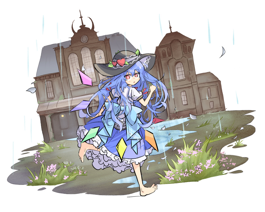 1girl barefoot black_headwear blue_hair blue_skirt deemo frilled_skirt frills full_body heart highres hinanawi_tenshi long_hair looking_at_viewer open_mouth outdoors petticoat primsla puddle rain red_eyes shirt short_sleeves skirt solo touhou white_background white_shirt