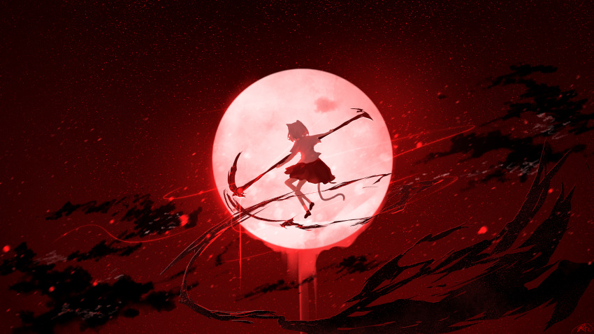 1girl animal_ears cat_ears cat_girl cat_tail chinese_commentary clouds commentary_request full_body full_moon highres holding holding_scythe moon original outdoors red_moon red_theme rune_xiao scenery scythe shirt shoes signature skirt sky socks solo tail white_shirt