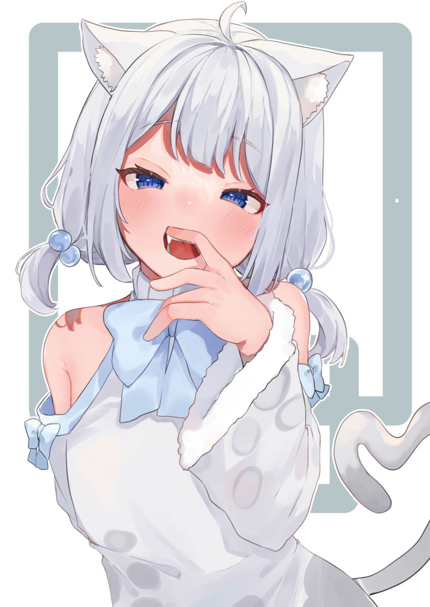1girl absurdres ahoge amaris_yuri animal_ear_fluff animal_ears arm_behind_back blue_eyes cat_ears cat_girl cat_tail clothing_cutout dress harikomi heart heart_tail highres looking_at_viewer medium_hair open_mouth phase_connect shoulder_cutout smile solo tail teeth upper_teeth_only virtual_youtuber white_dress white_fur white_hair