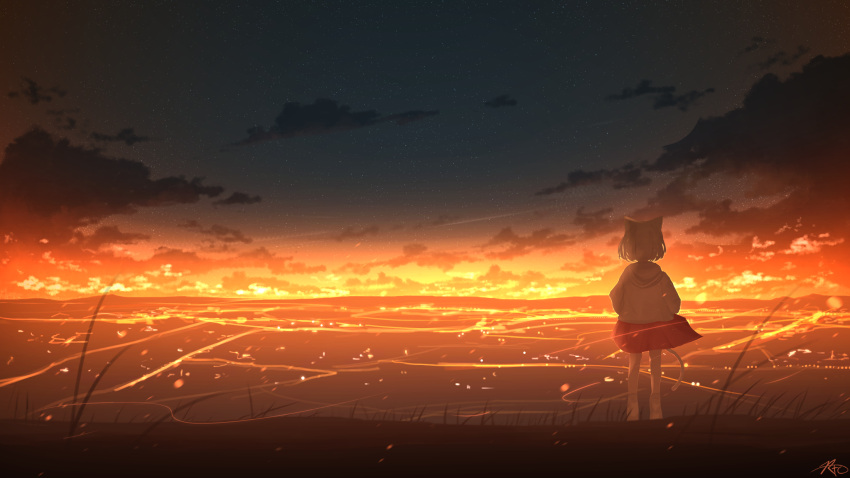1girl animal_ears cat_ears cat_girl cat_tail chinese_commentary clouds commentary_request from_behind full_body grass highres horizon mountainous_horizon night night_sky original outdoors red_skirt rune_xiao scenery signature skirt sky solo standing star_(sky) starry_sky sunset tail