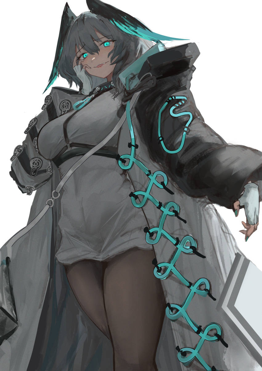 1girl absurdres aqua_eyes aqua_nails aqua_wings arknights black_pantyhose breasts coat commentary dress fingerless_gloves from_below gloves grey_hair hand_on_own_cheek hand_on_own_face hand_up head_wings highres ho'olheyak_(arknights) hrk_(dxez4457) infection_monitor_(arknights) large_breasts long_coat looking_at_viewer looking_down nail_polish open_clothes open_coat pantyhose parted_lips pencil_dress short_hair smile solo teeth tongue upper_teeth_only white_coat white_dress white_gloves wings