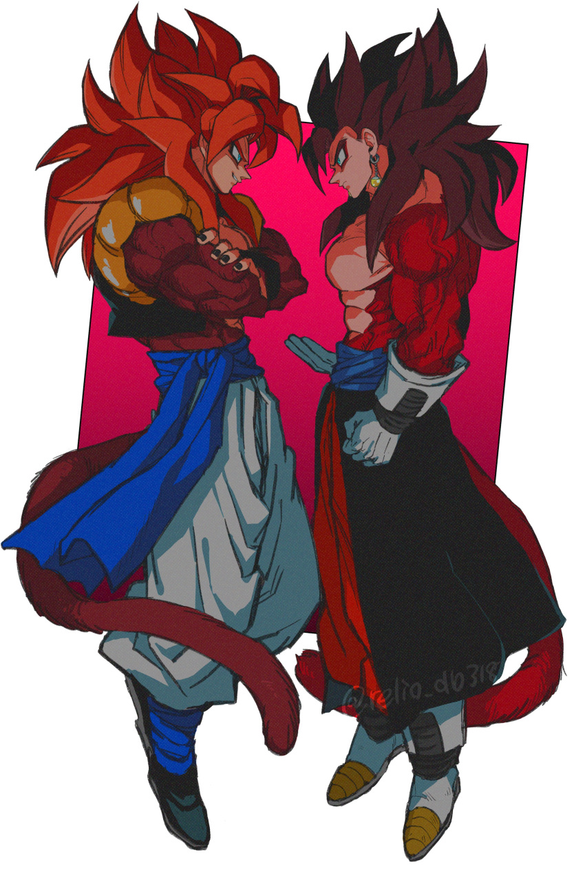 2boys absurdres blue_eyes closed_mouth crossed_arms dragon_ball dragon_ball_gt earrings from_side gloves gogeta grin highres jewelry long_hair multiple_boys muscular muscular_male nail_polish orange_hair potara_earrings relio_db318 sash signature simple_background smile standing standing_on_one_leg tail teeth vegetto