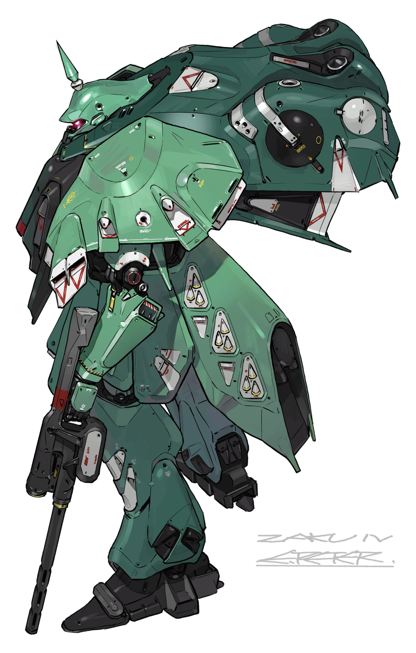 absurdres character_name from_side full_body gun gundam highres holding holding_gun holding_weapon mecha moon_gundam one-eyed peter_(peter6409) red_eyes redesign robot science_fiction signature solo weapon white_background zaku_iv