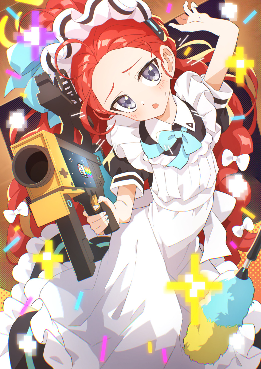 1girl aiming_at_viewer apron arm_up black_dress blue_archive blue_bow blue_bowtie blush bow bowtie collared_dress commentary dress duster feet_out_of_frame forehead frilled_apron frills fuji_tarawi gun hair_bow hair_pulled_back highres holding holding_gun holding_weapon maid maid_apron maid_headdress multiple_hair_bows official_alternate_costume parted_lips ponytail puffy_short_sleeves puffy_sleeves redhead short_sleeves solo violet_eyes weapon white_apron white_bow yuzu_(blue_archive) yuzu_(maid)_(blue_archive)