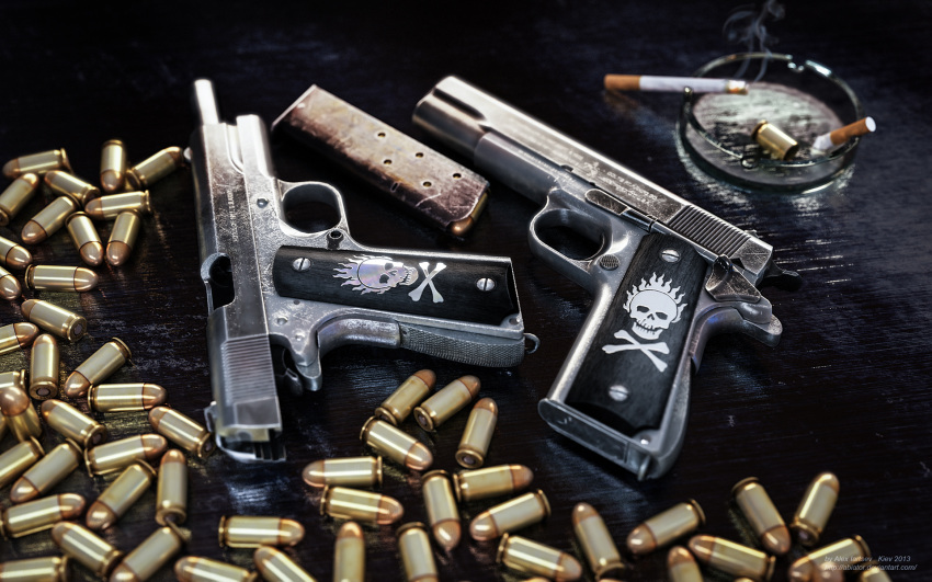 2013 3d alexander_yartsev ammunition artist_name ashtray blurry bone_print cartridge cigarette cigarette_butt commentary dark_background deviantart_username english_commentary english_text fire gun handgun highres locked_slide logo m1911 magazine_(weapon) no_humans place_name screw shell_casing skull_and_crossbones skull_print smoke still_life weapon weapon_focus web_address world_of_guns:_gun_disassembly