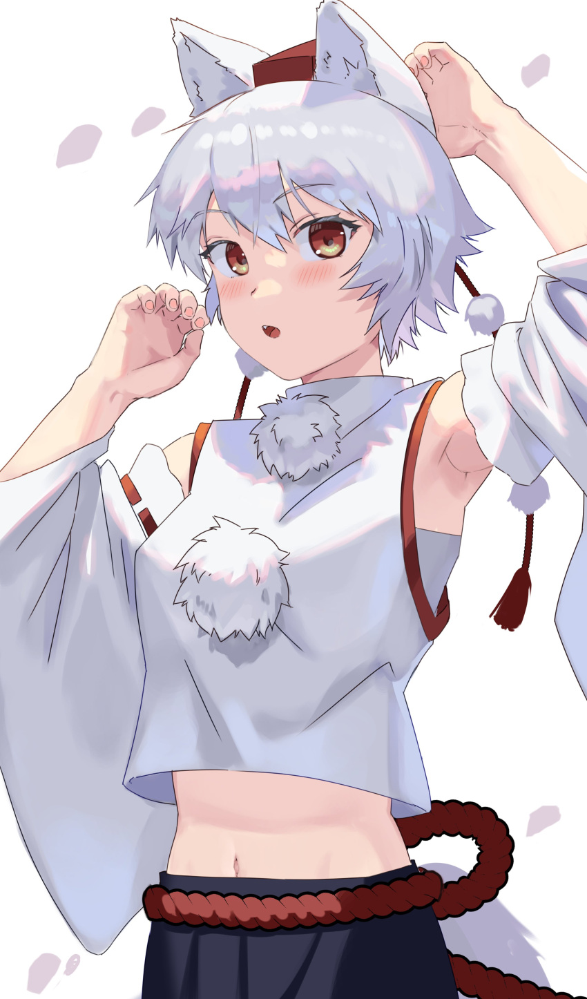 1girl absurdres animal_ear_fluff animal_ears armpits arms_up asuka_shirou black_skirt hat highres inubashiri_momiji looking_at_viewer navel open_mouth pom_pom_(clothes) red_eyes shirt short_hair skirt solo stomach tail tokin_hat touhou white_background white_hair white_shirt white_sleeves wolf_ears wolf_girl wolf_tail
