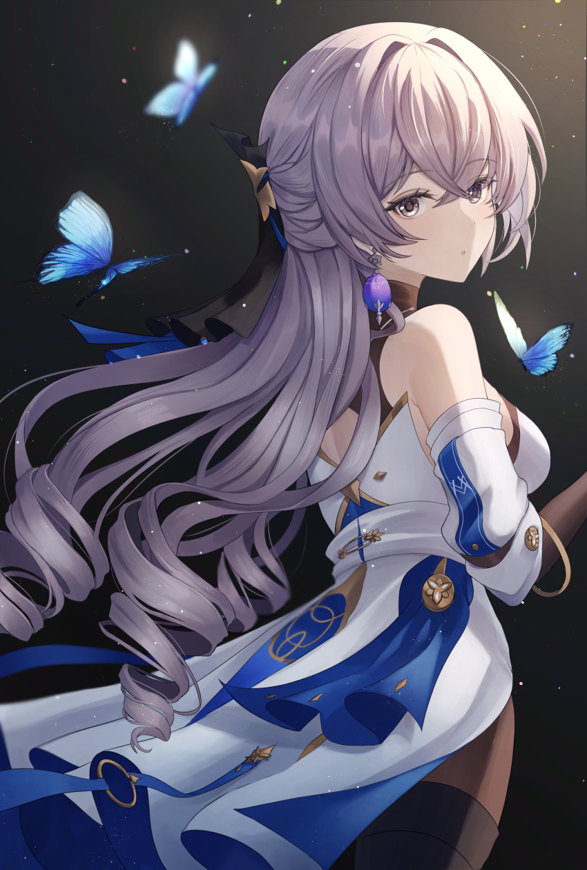 1girl absurdres bare_shoulders black_gloves boots breasts bronya_rand bug butterfly cowboy_shot drill_hair earrings elbow_gloves from_behind gloves grey_eyes grey_hair hair_ornament highres honkai:_star_rail honkai_(series) jewelry long_hair looking_at_viewer medium_breasts parted_lips sinonomemikann solo thigh_boots two-tone_dress