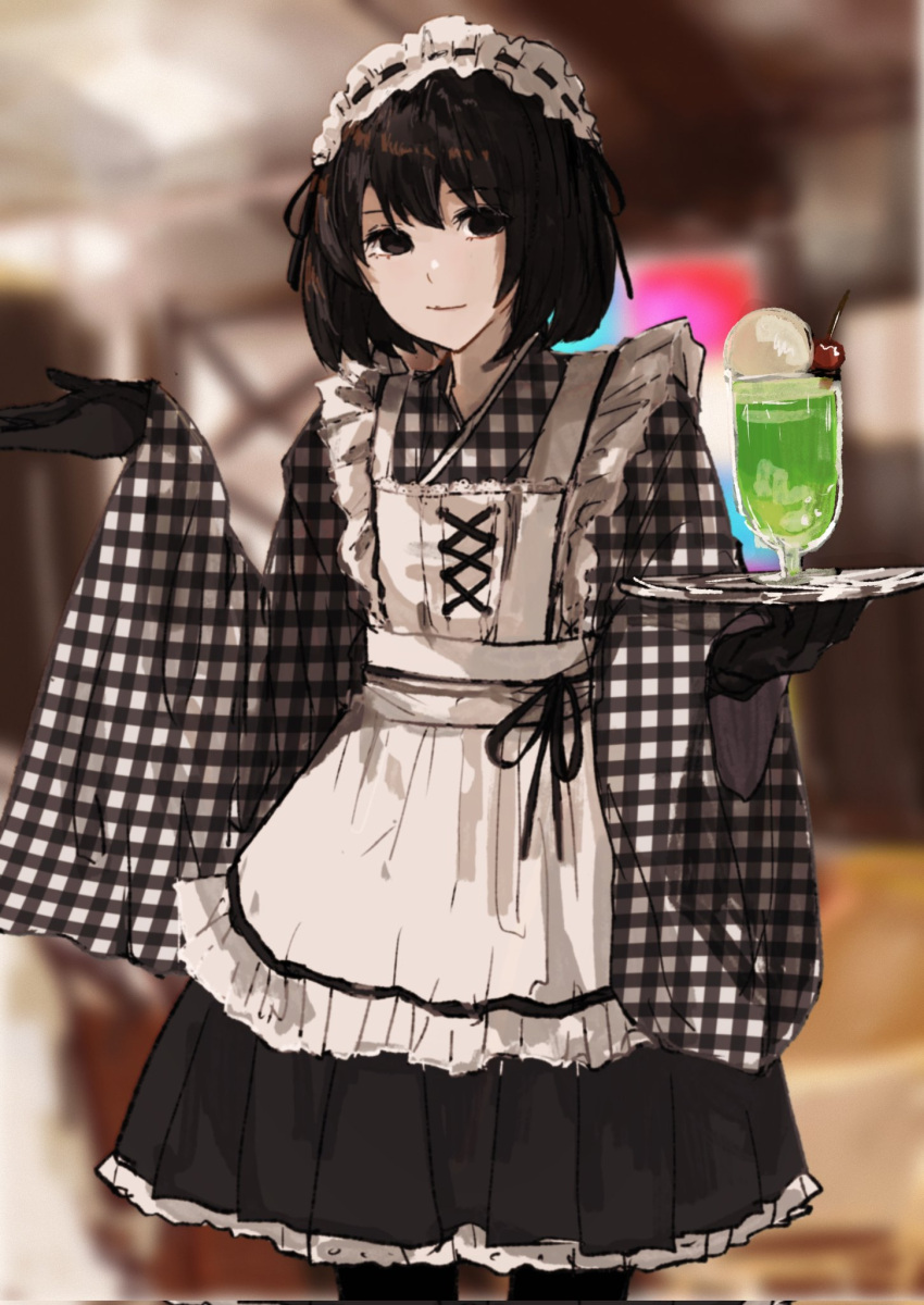 1girl alternate_costume apron black_dress black_eyes black_gloves black_hair black_kimono black_pantyhose black_ribbon blurry blurry_background bob_cut bow cherry closed_mouth commentary cowboy_shot cup depth_of_field dress dress_bow drink drinking_glass empty_eyes enmaided food frilled_apron frilled_hairband frills fruit furisode gloves hair_between_eyes hair_ribbon hairband hand_up highres holding holding_drink holding_tray ice ice_cube indoors japanese_clothes kimono lace-up light_smile long_sleeves looking_at_viewer maid maid_apron maid_headdress monogatari_(series) monogatari_series_puc_puc obi oshino_ougi pale_skin pantyhose plaid_kimono ribbon sash short_hair solo spread_legs standing tray two-tone_kimono valhalla0707 w_arms wa_maid white_apron white_hairband white_kimono white_sash wide_spread_legs