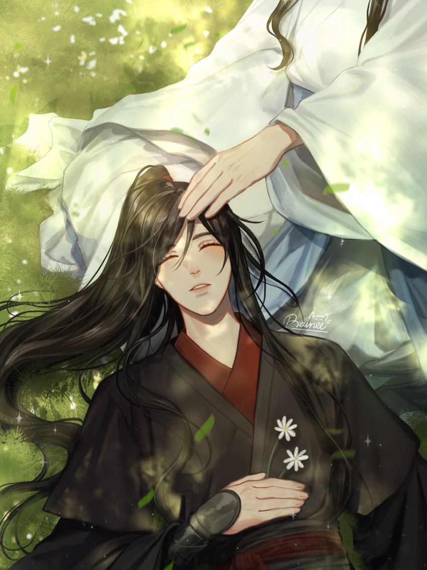 2boys artist_name bishounen black_hair blush chinese_clothes closed_eyes commentary_request dappled_sunlight day english_commentary eyelashes flower grass hair_ornament hair_ribbon hand_on_another's_head hand_up hanfu high_ponytail highres lan_wangji lap_pillow long_hair long_sleeves lying male_focus mixed-language_commentary modao_zushi multiple_boys on_back on_grass outdoors parted_bangs parted_lips ponytail raineemeow red_ribbon red_sash ribbon robe sash sidelocks sitting solo_focus sunlight swept_bangs thai_commentary wei_wuxian white_flower white_robe wide_sleeves