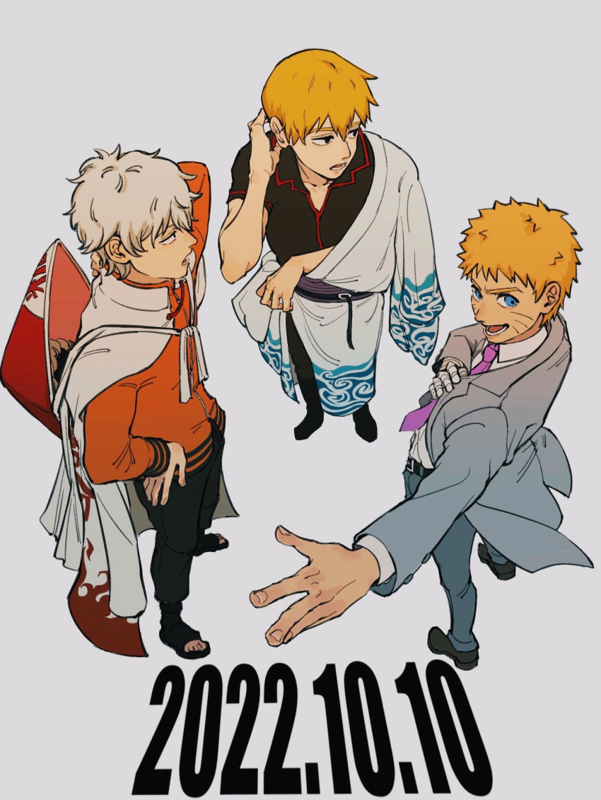 3boys arm_behind_head blonde_hair blue_eyes cosplay crossover facial_mark formal from_above gintama grey_suit hamariito hand_on_own_hip hat_on_back highres hokage japanese_clothes kimono long_sleeves looking_at_another mob_psycho_100 multiple_boys naruto_(series) naruto_shippuuden necktie open_mouth orange_shirt outstretched_arm patterned_clothing purple_necktie reigen_arataka reigen_arataka_(cosplay) release_date sakata_gintoki sakata_gintoki_(cosplay) shirt short_hair short_sleeves smile suit uzumaki_naruto uzumaki_naruto_(cosplay) whisker_markings white_hair white_kimono white_shirt