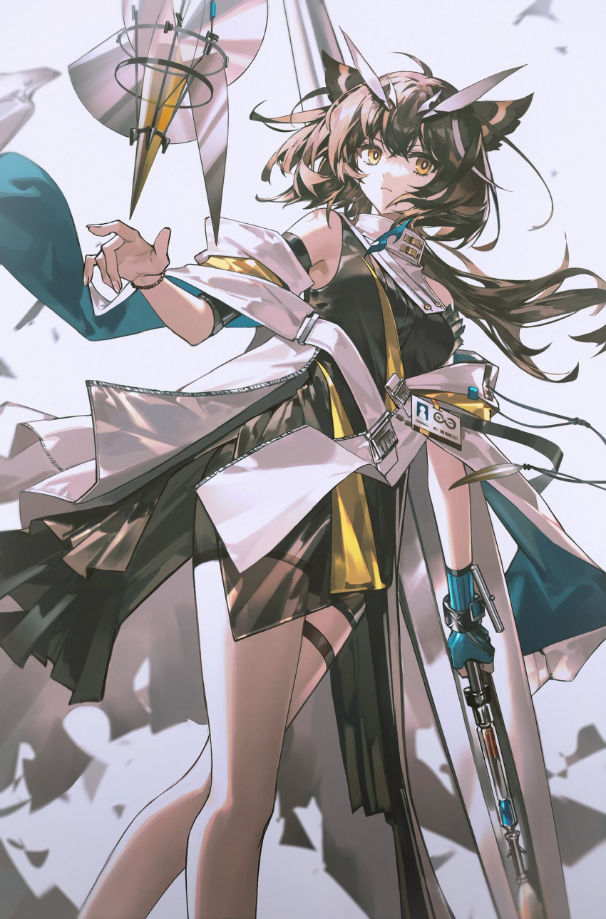 1girl arknights armpits black_dress blue_gloves bracelet bright_pupils brown_hair coat commentary dress drone feather_hair frown gloves gradient_background grey_background highres holding holding_weapon id_card jewelry libuqilai looking_at_viewer owl_ears owl_girl ponytail rhine_lab_logo silence_(arknights) silence_the_paradigmatic_(arknights) simple_background solo thigh-highs weapon white_coat white_pupils white_thighhighs yellow_eyes