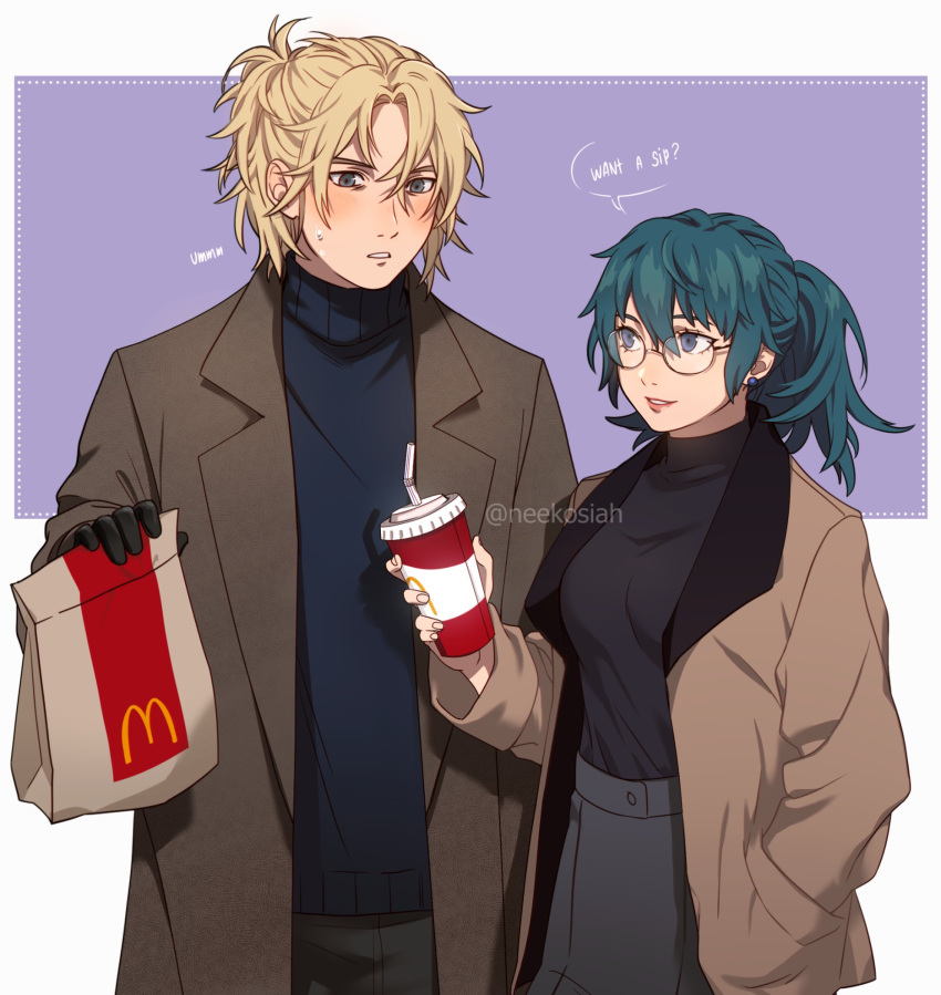 1boy 1girl alternate_costume bespectacled black_gloves black_sweater blonde_hair blue_eyes blue_hair blue_sweater blush breasts brown_coat byleth_(female)_(fire_emblem) byleth_(fire_emblem) casual coat cup dimitri_alexandre_blaiddyd disposable_cup earrings english_commentary english_text fire_emblem fire_emblem:_three_houses glasses gloves hair_between_eyes hand_in_pocket highres holding holding_cup jewelry long_sleeves mcdonald's medium_breasts neekosiah open_clothes open_coat parted_lips ponytail sweat sweater turtleneck turtleneck_sweater