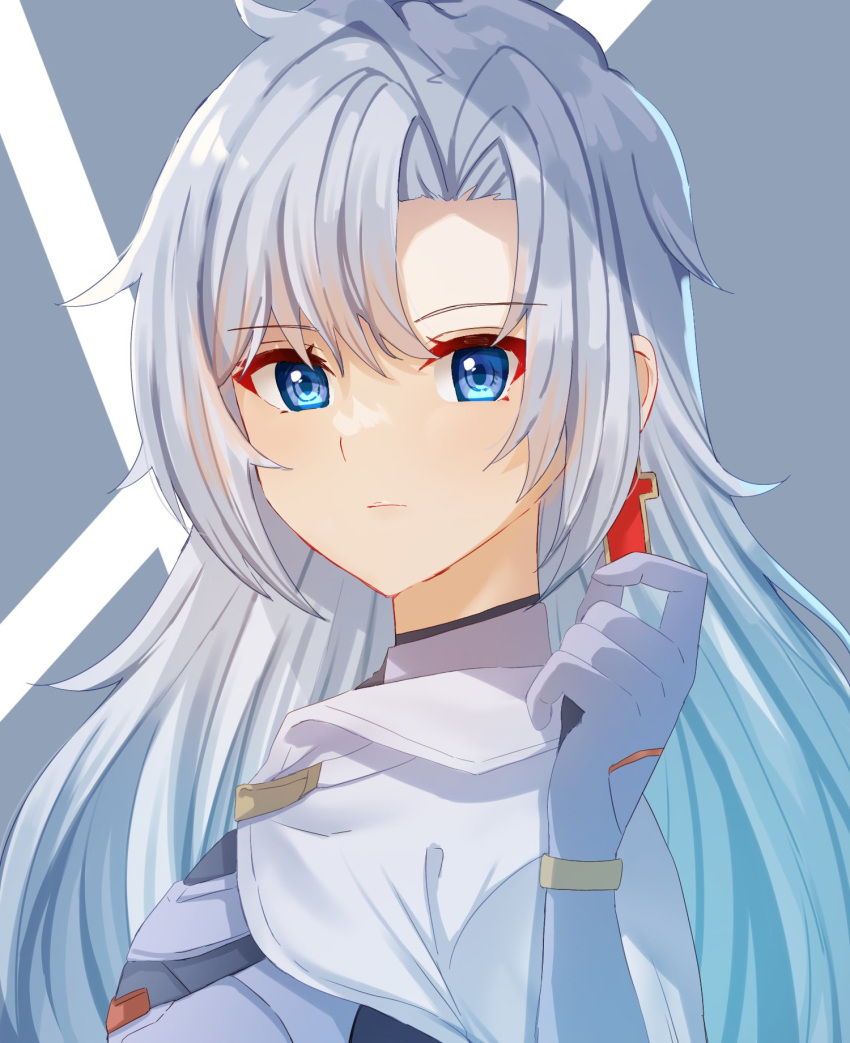 1girl :| a_(xenoblade) blue_eyes close-up closed_mouth collared_cape earrings edamameoka expressionless hair_between_eyes hair_intakes highres jewelry long_hair looking_at_viewer messy_hair portrait short_hair simple_background single_earring solo upper_body xenoblade_chronicles_(series) xenoblade_chronicles_3 xenoblade_chronicles_3:_future_redeemed