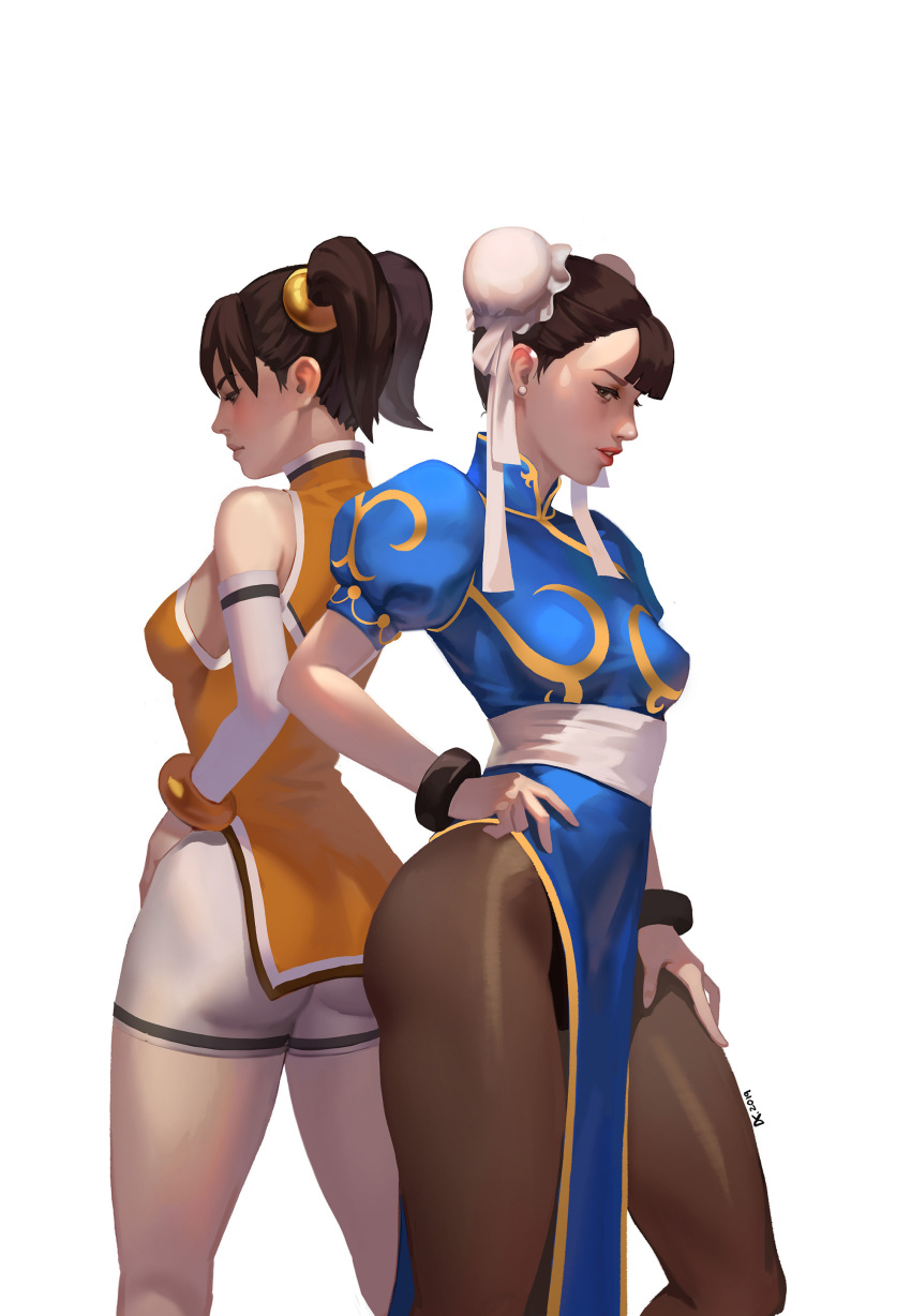 2girls 3mmode absurdres back-to-back breasts brown_eyes brown_hair brown_pantyhose bun_cover china_dress chinese_clothes chun-li crossover double_bun dress hair_bun hand_on_own_hip highres ling_xiaoyu lips multiple_girls pantyhose pelvic_curtain short_sleeves shorts street_fighter tekken twintails white_shorts white_sleeves