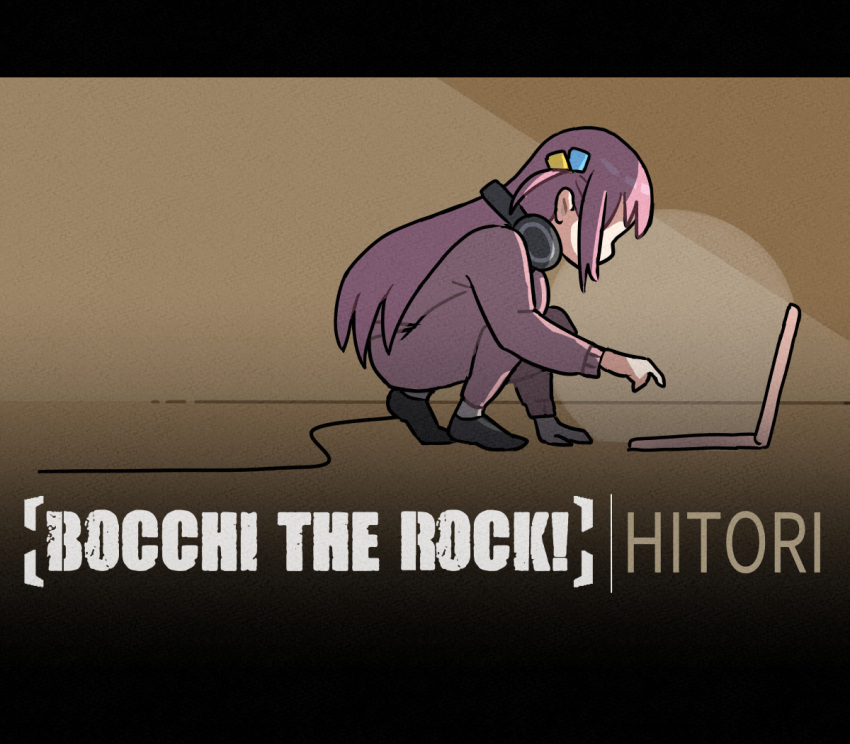 album_cover_redraw bocchi_the_rock! character_name computer copyright_name derivative_work from_side gotou_hitori headphones headphones_around_neck jacket laptop linkin_park long_hair meteora_(linkin_park) oishi_oiru one_side_up pants pink_hair pink_jacket pink_pants squatting track_jacket track_pants