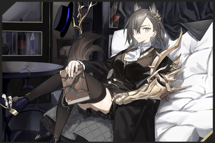 1girl animal_ears arknights ascot black_headwear black_nails black_suit black_thighhighs book breasts brown_eyes commentary couch crack crossed_legs ear_ornament earrings foot_out_of_frame formal frown gauntlets gold_trim hair_over_one_eye hat hat_rack holding holding_book indoors jewelry knees_up looking_at_viewer medium_breasts mole_above_eye nail_polish penance_(arknights) photo_(object) single_earring single_gauntlet solo suit table thigh-highs white_ascot window wolf_ears wolf_girl xxxsoiu1