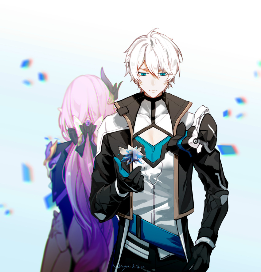 1boy 1girl armor arms_behind_back back-to-back belt black_bow black_coat black_gloves blue_background blue_belt blue_eyes blue_gloves bow cleavage_cutout closed_mouth clothing_cutout coat cowboy_shot crystal crystal_flower elysia_(honkai_impact) elysia_(miss_pink_elf)_(honkai_impact) facing_away facing_viewer floating floating_object gloves gradient_background hair_between_eyes hair_bow hair_ornament hand_up highres honkai_(series) honkai_impact_3rd kevin_kaslana ljayu long_hair long_sleeves looking_at_object low_ponytail open_clothes open_coat pink_hair pointy_ears shards shirt short_hair shoulder_armor two-tone_gloves v-shaped_eyebrows waist_cape white_background white_hair white_shirt