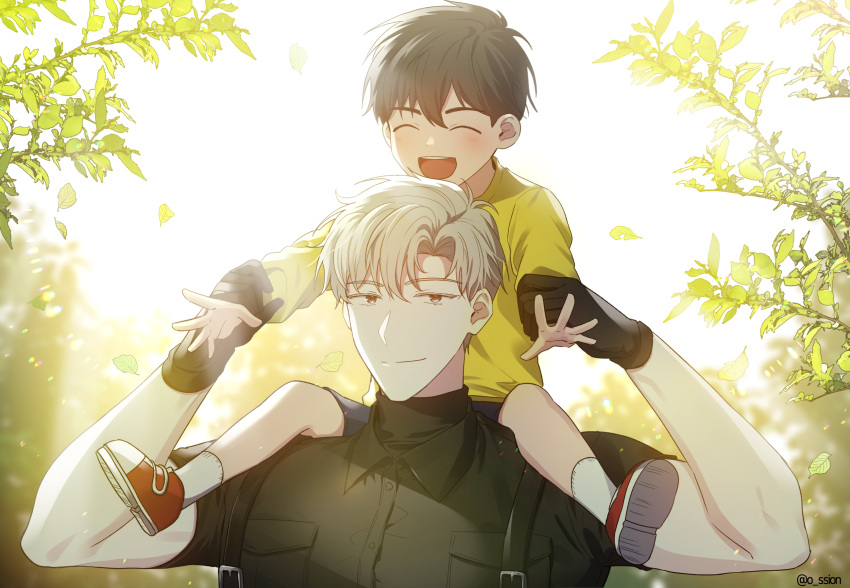 aged_down black_gloves black_shirt brown_hair closed_eyes collared_shirt gloves hands_on_another's_arms highres ilay_riegrow jeong_taeui looking_at_viewer male_child nature o_ssion open_mouth passion_(manhwa) red_footwear shirt sky smile socks sunlight white_hair white_sky white_socks yellow_shirt