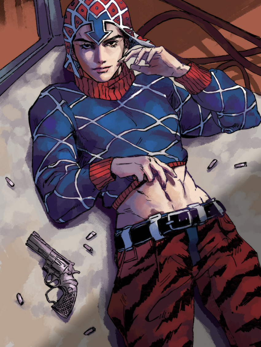 1boy beanie belt black_eyes blue_sweater closed_mouth guido_mista gun handgun hat highres jojo_no_kimyou_na_bouken lips long_sleeves lying male_focus meron_nouka muscular muscular_male navel on_back orange_pants pants revolver shell_casing smile solo sweater vento_aureo weapon