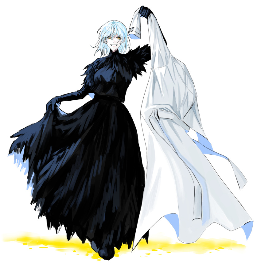 angela_(project_moon) black_dress black_feathers black_gloves blue_hair clothes_lift coat dress ekdrh_2ck elbow_gloves feather_trim feathers full_body gloves highres holding holding_clothes holding_coat lab_coat library_of_ruina lobotomy_corporation long_sleeves medium_hair project_moon simple_background skirt skirt_lift smile teeth white_background yellow_eyes