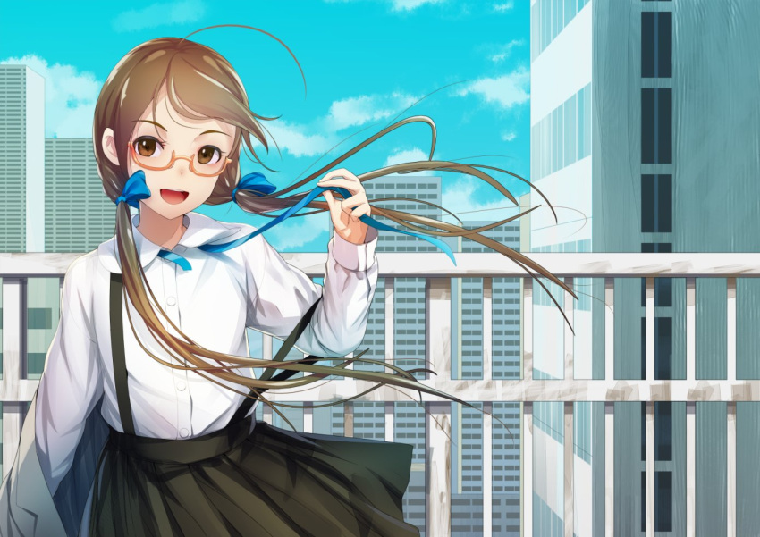 1girl ahoge black_skirt blue_ribbon blue_sky brown_eyes brown_hair building cityscape clouds collared_shirt day floating_hair glasses hair_ribbon long_hair long_sleeves looking_at_viewer low_twintails neck_ribbon on_roof open_mouth original outdoors railing ribbon semi-rimless_eyewear shirt skirt sky smile sody solo suspender_skirt suspenders suspenders_slip twintails under-rim_eyewear untying upper_body white_shirt wind
