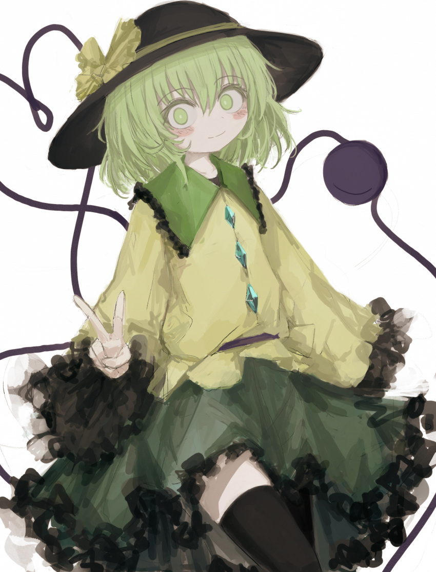 1girl black_headwear black_thighhighs blouse blush bow bright_pupils buttons closed_mouth diamond_button eyeball floral_print frilled_shirt_collar frilled_skirt frilled_sleeves frills green_eyes green_skirt hat hat_bow hat_ribbon heart heart_of_string highres komeiji_koishi light_green_hair light_smile long_sleeves looking_at_viewer medium_hair reverinth ribbon shirt simple_background sketch skirt smile solo thigh-highs third_eye touhou v wavy_hair white_background wide_sleeves yellow_bow yellow_ribbon yellow_shirt