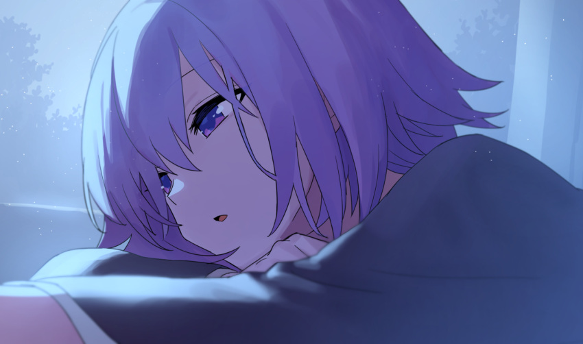 1girl :o bad_link black_shirt blurry blurry_foreground chorefuji commentary_request eyelashes from_side indoors open_mouth original purple_hair shirt short_hair solo upper_body violet_eyes window