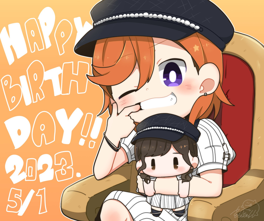 1girl birthday blush bracelet chibi date_sayuri dated earrings english_text g_teall happy_birthday hat highres holding holding_stuffed_toy jewelry looking_at_viewer love_live! love_live!_superstar!! nesoberi orange_hair shibuya_kanon signature sitting solo stuffed_toy violet_eyes voice_actor_connection