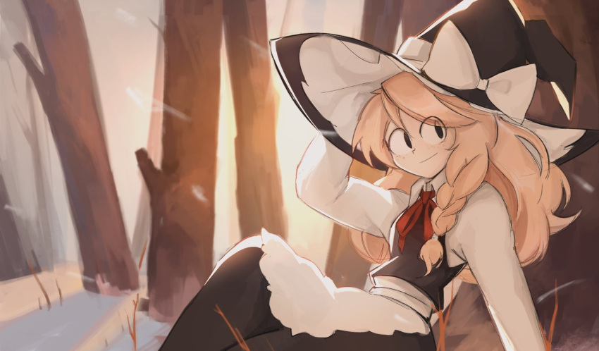 1girl apron black_dress black_skirt blonde_hair bow bowtie dress forest freckles frilled_hat frills hat hat_bow kappce kirisame_marisa long_hair long_sleeves looking_at_viewer nature red_bow shirt side_ponytail skirt snow snowing solo touhou tree white_bow white_shirt witch_hat