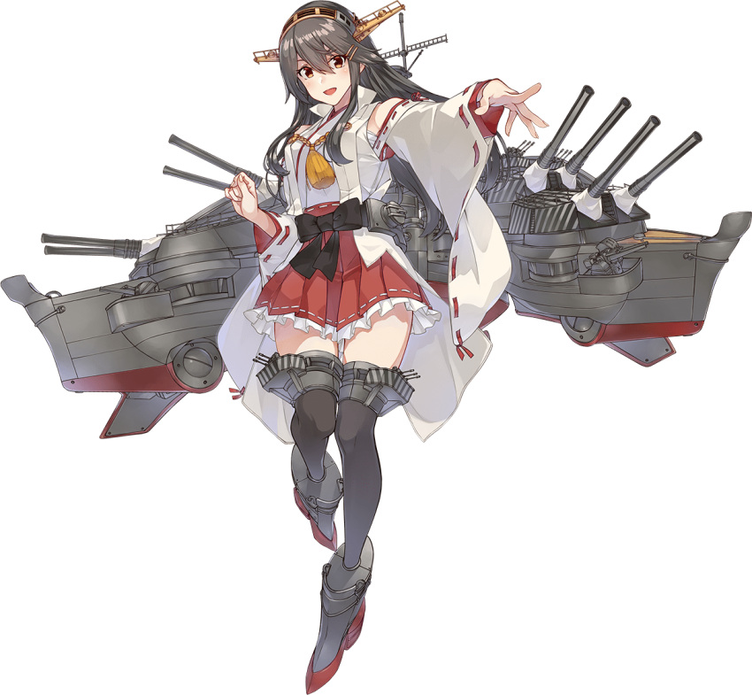 1girl bare_shoulders black_hair breasts brown_eyes brown_hair dazzle_paint detached_sleeves hair_ornament hairband hairclip haruna_(kancolle) headgear japanese_clothes kantai_collection konishi_(koconatu) large_breasts long_hair looking_at_viewer nontraditional_miko official_art open_mouth ribbon-trimmed_sleeves ribbon_trim skirt smile solo thigh-highs