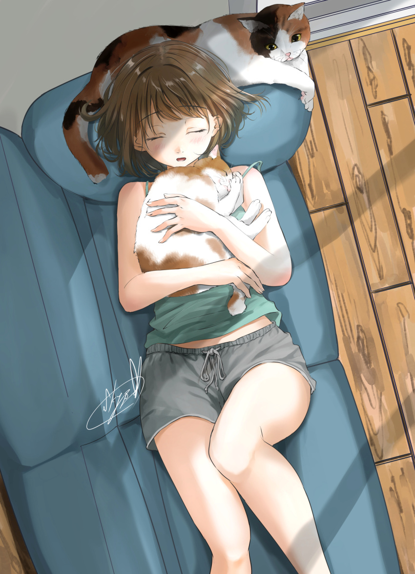 1girl animal animal_hug bare_shoulders blush brown_hair camisole cat closed_eyes couch day from_above green_camisole grey_shorts highres holding holding_animal holding_cat indoors loungewear lying midriff_peek on_couch open_mouth original shirt short_hair short_shorts shorts signature sleeping solo soragane_(banisinngurei) window wooden_floor