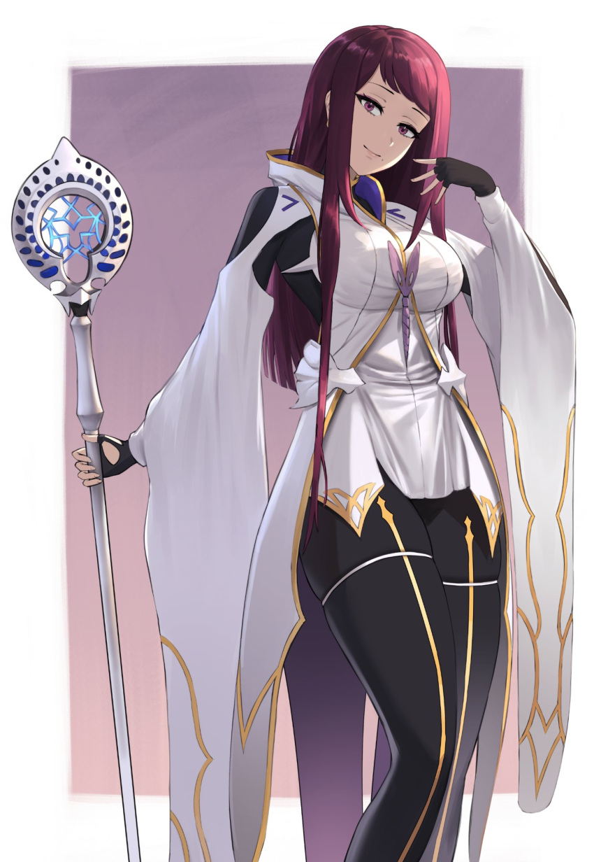 1girl black_pants blunt_ends breasts commission crossover fate_(series) fingerless_gloves fire_emblem fire_emblem_engage gloves highres holding holding_staff hooded_robe ivy_(fire_emblem) large_breasts long_hair long_sleeves looking_at_viewer merlin_(fate/prototype) mole pants purple_hair robe shou_illust sidelocks smile solo staff swept_bangs violet_eyes white_hood white_robe wide_sleeves
