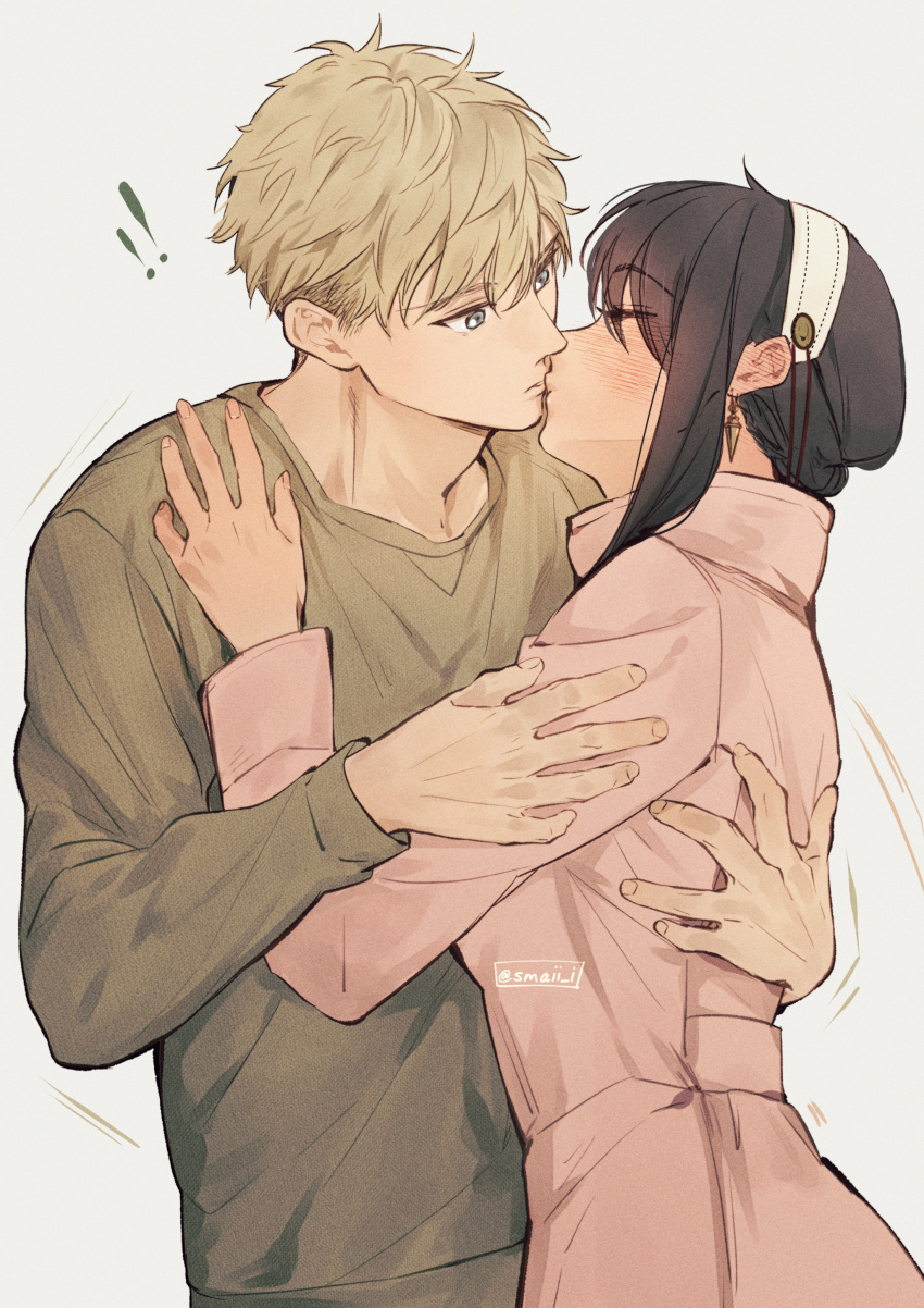 ! !! 1boy 1girl absurdres artist_name black_hair blonde_hair blue_eyes blush breasts closed_eyes closed_mouth coat earrings fingernails gold_earrings green_sweater grey_background hair_between_eyes hairband hand_up hands_up hetero highres hug husband_and_wife jewelry long_sleeves looking_at_another maiii_(smaii_i) medium_breasts pink_coat short_hair short_hair_with_long_locks sidelocks simple_background spy_x_family standing sweater twilight_(spy_x_family) white_hairband yor_briar