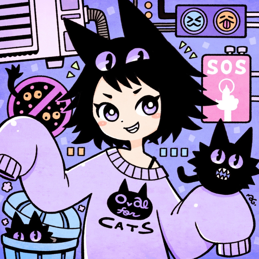 1girl :d animal animal_ears animal_print black_cat black_hair blush_stickers bright_pupils cat cat_ears cat_print clothes_writing commentary dot_mouth emoji extra_eyes fang garouma grin hands_up highres holding holding_animal holding_cat long_sleeves notice_lines original purple_background purple_sweater short_hair signature single_bare_shoulder sleeves_past_fingers sleeves_past_wrists smile solo sweater symbol-only_commentary trash_can upper_body violet_eyes white_pupils