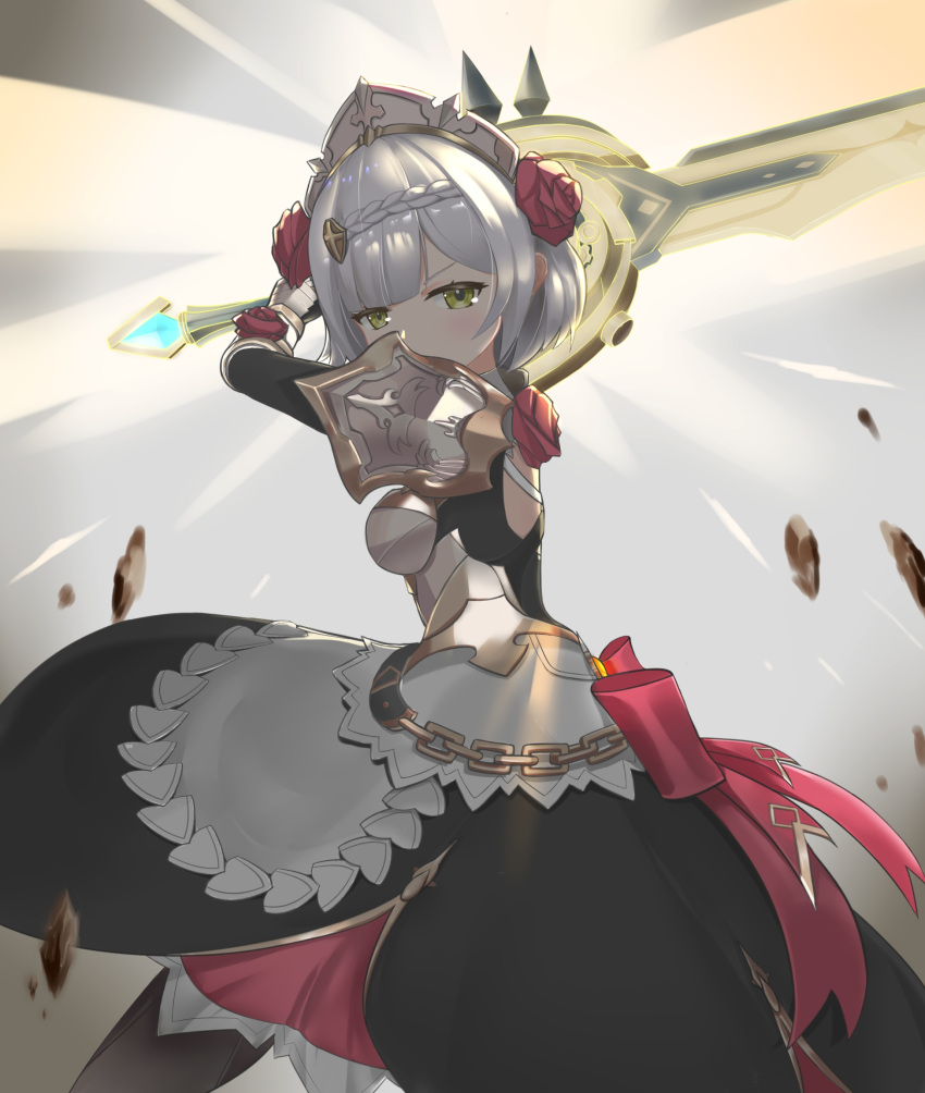 1girl apron armor back_bow black_skirt bow breasts chinese_commentary claymore_(sword) commentary_request covered_mouth flower genshin_impact green_eyes grey_hair hair_flower hair_ornament highres holding holding_weapon looking_at_viewer maid maid_apron maid_headdress medium_breasts noelle_(genshin_impact) red_bow red_flower red_rose rose serious short_hair shoulder_armor skirt solo weapon zhifeng