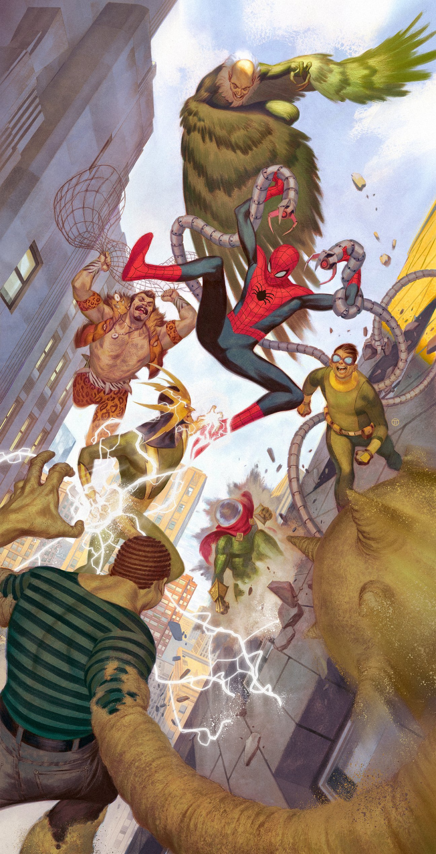 6+boys absurdres blue_sky brown_hair building city doctor_octopus electricity electro_(spider-man) electrokinesis feathered_wings goggles highres kraven_the_hunter male_focus marvel multiple_boys mysterion new_year peter_parker sandman_(marvel) sky spider-man spider-man_(series) spider_web_print totinotedesco vulture_(marvel) wings