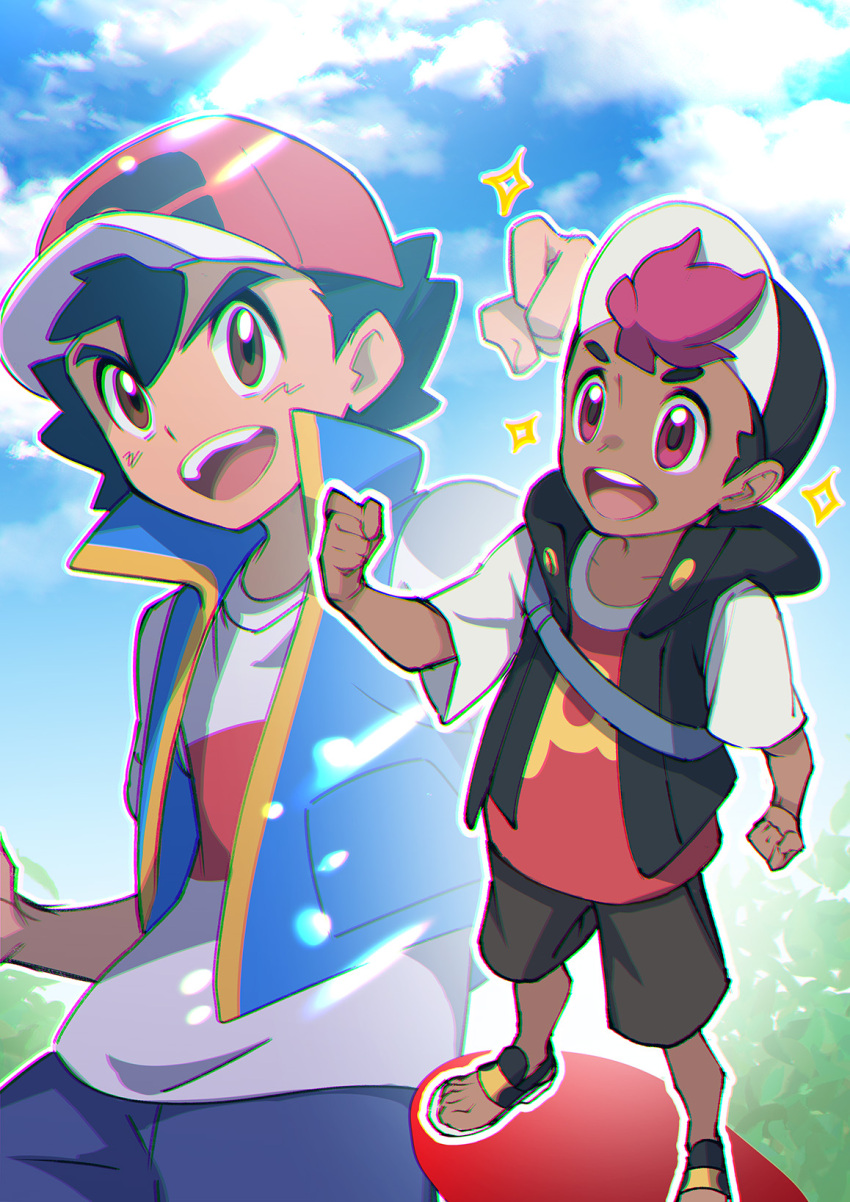 2boys :d ash_ketchum black_hair blue_vest brown_eyes chromatic_aberration clenched_hands clouds commentary_request dark-skinned_male dark_skin day hand_up hat highres male_focus mitsuha_(bless_blessing) multiple_boys open_mouth outdoors outline pokemon pokemon_(anime) pokemon_horizons pokemon_journeys red_headwear roy_(pokemon) sandals shirt shorts sky smile sparkle t-shirt teeth tongue upper_teeth_only vest white_shirt