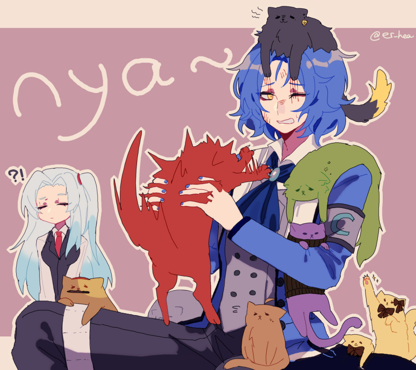 !? 1boy 1girl angela_(project_moon) animal animal_on_head animal_on_shoulder animalization ascot binah_(project_moon) black_cat black_pants black_vest blue_ascot blue_coat blue_hair blue_nails breasts brown_cat cat cat_on_head cat_on_shoulder chesed_(project_moon) chinese_commentary closed_eyes closed_mouth coat collared_shirt commentary_request er_hea gebura_(project_moon) green_cat grey_vest highres hod_(project_moon) hokma_(project_moon) holding holding_animal holding_cat lab_coat light_blue_hair lobotomy_corporation long_hair long_sleeves malkuth_(project_moon) netzach_(project_moon) on_head one_eye_closed open_clothes open_coat pants parted_bangs pen_in_mouth project_moon purple_cat red_cat scratches shirt short_hair side_ponytail small_breasts tiphereth_a_(project_moon) tiphereth_b_(project_moon) vest white_shirt yellow_cat yellow_eyes yesod_(project_moon)