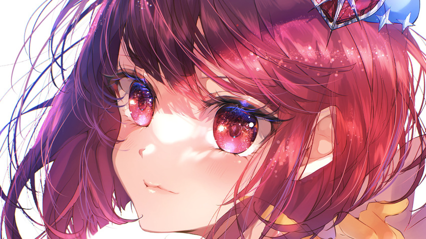 1girl arima_kana beret blue_headwear blush close-up closed_mouth commentary_request eyelashes gloves hand_up hat hat_ornament highres index_finger_raised multicolored_eyes oshi_no_ko pinapo_25 red_eyes redhead short_hair simple_background smile sparkle yellow_gloves